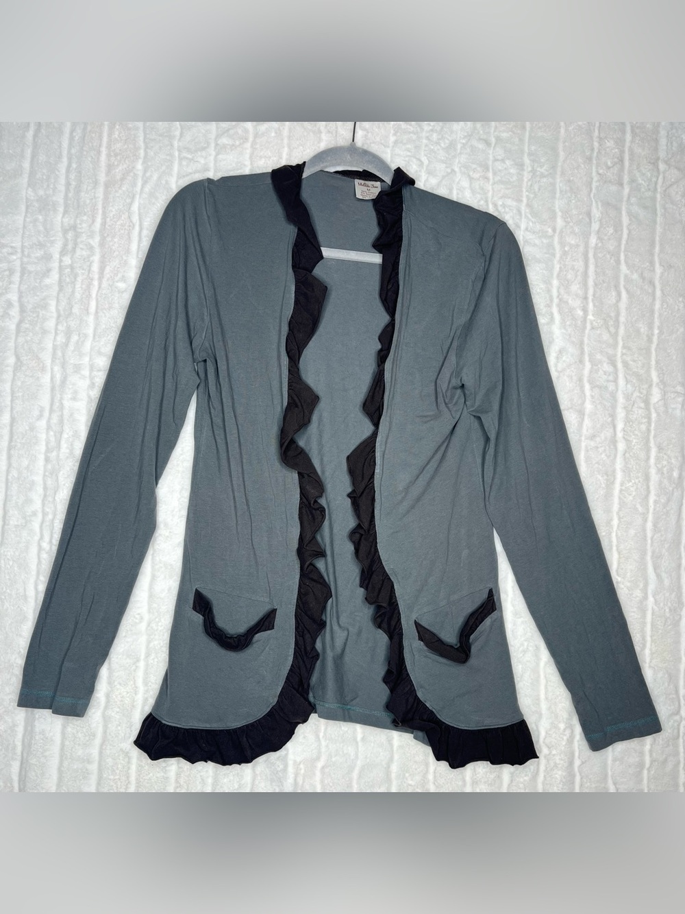 Matilda Jane Women Open Front Ruffle Cardigan Grey Black Med Boho Cottagecore